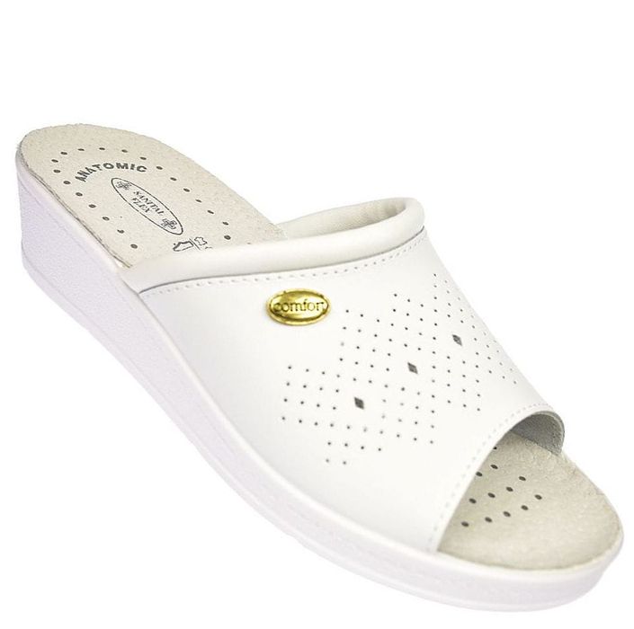 Klapki zdrowotne medyczne damskie skórzane białe 698 roz. 42