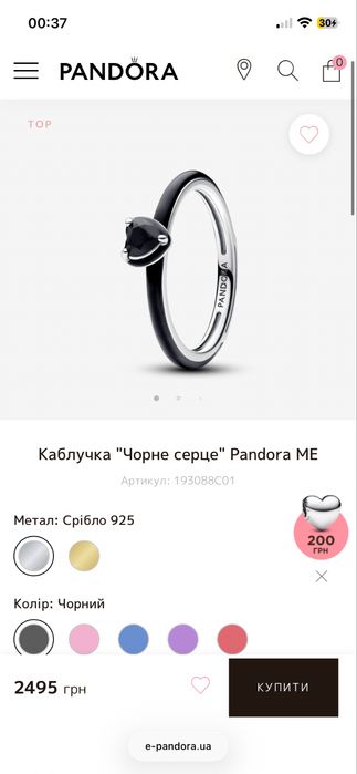 pandora, каблучка 16 розмір