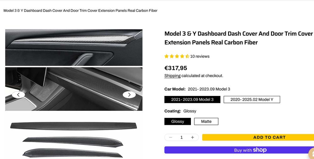 Capas de tablier e portas em carbono real para Tesla 3 e Y