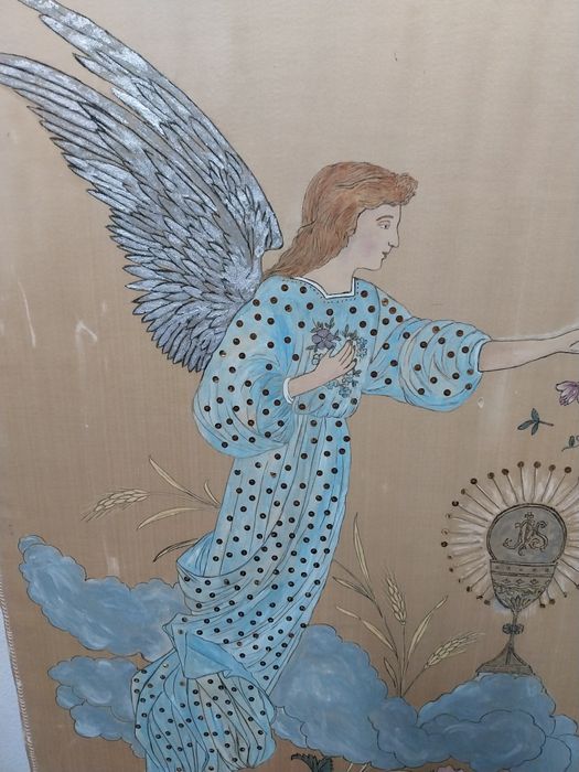 Pintura de Anjo e cálice sobre seda