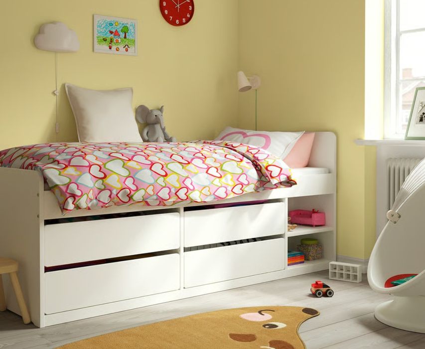 Estrut cama c/arrum+estrad ripas, branco, 90x200 cm