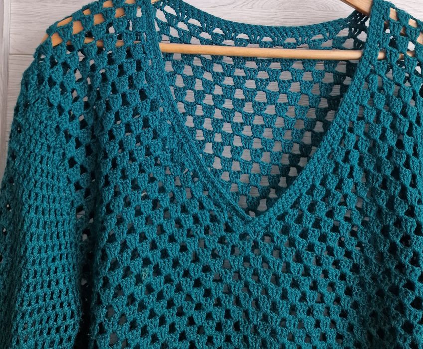 Sweterek szydełkowy szmaragdowy handmade XL L
