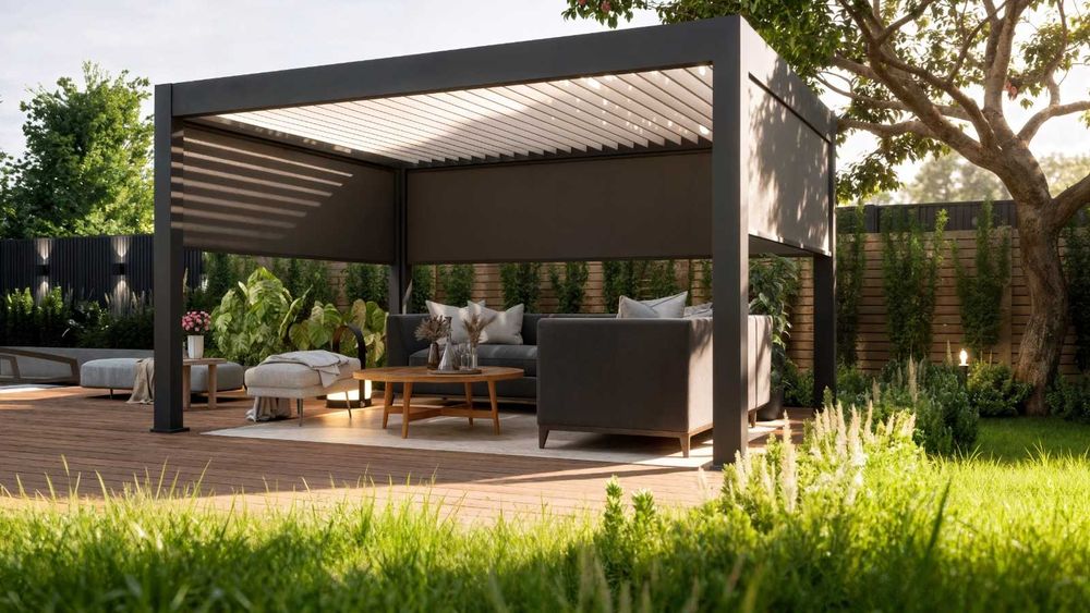 Pergola aluminiowa z automatycznym dachem i roletami 400×300 – nowoczesne zadaszenie tarasu