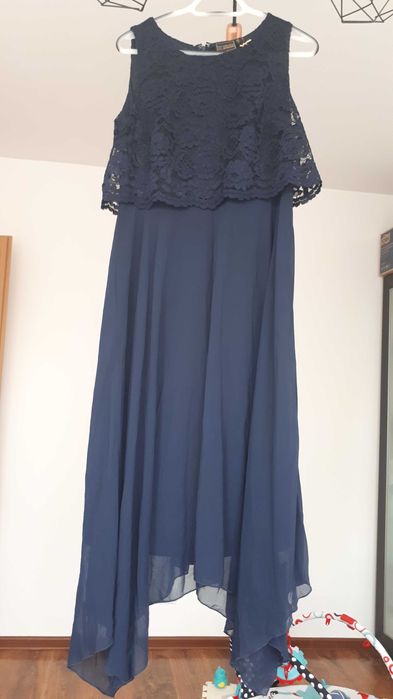 Suknia wieczorowa długa granatowa koronka 42 XL Nowa