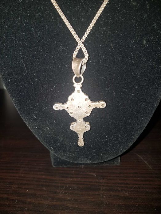 Prata Colar Antigo com Cruz em Prata e Pedraria
