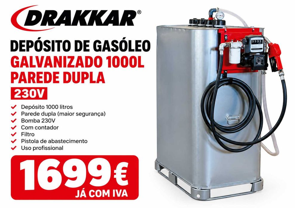 DEPÓSITO P/ GASÓLEO GALVANIZADO 1000L PAREDE DUPLA DRAKKAR LL29