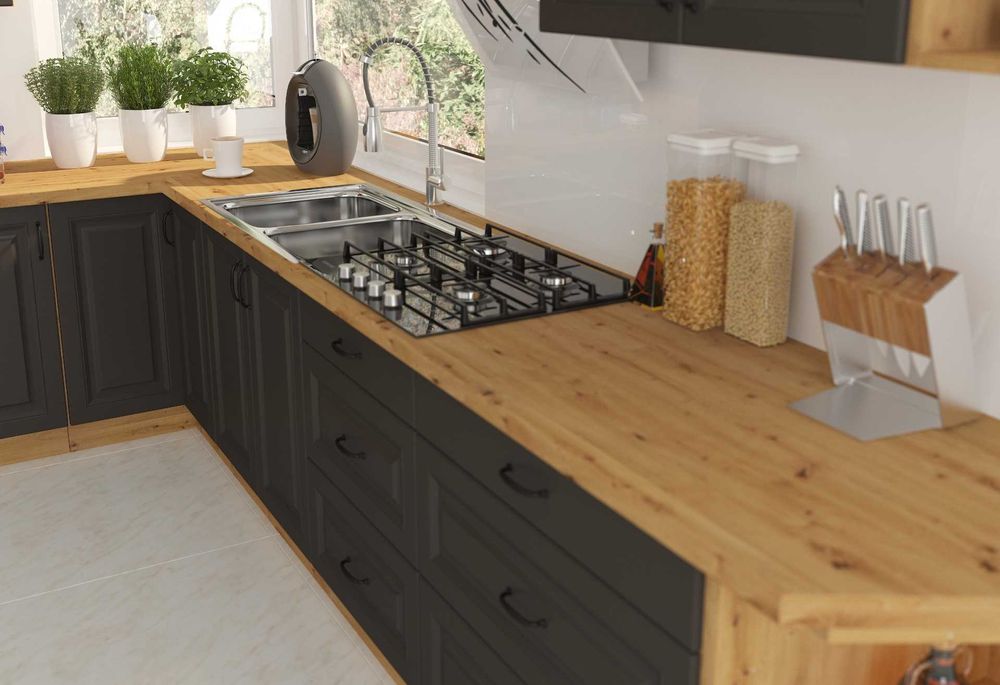 Szare meble kuchenne Stilo, front MDF grafit matowy, szara kuchnia