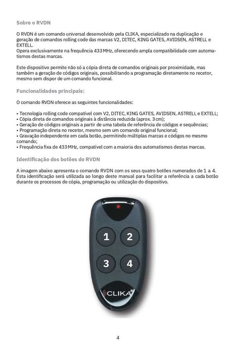 Comando garagem Clika RVDN (4 unidades ou uma a uma)444789381462773763