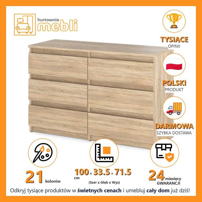 Komoda Nowoczesna Hugo 100cm 6 Szuflad Pojemna Szafka Do Salonu