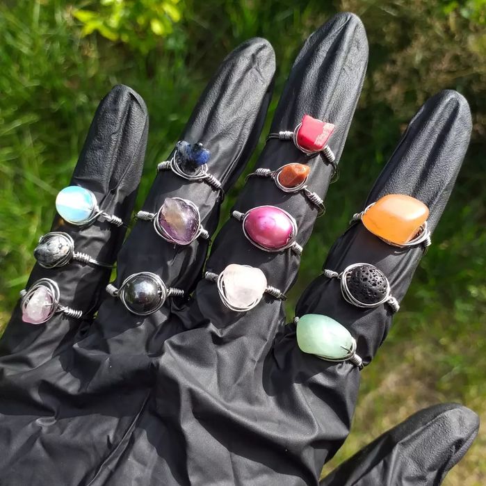 Pierścionki Handmade z naturalnymi kryształami ametyst kwarc różowy