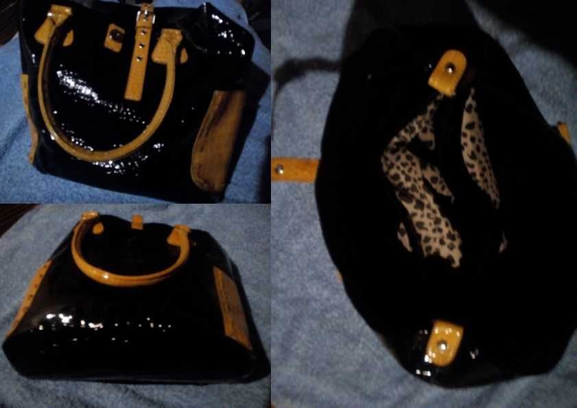 Ao desbarato: Mala colorida, em "verniz" sintético (preto / mostarda)