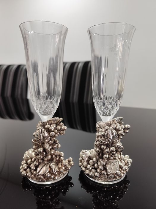 Flutes de champanhe (4) artesanais, trabalho assombroso em PRATA 925