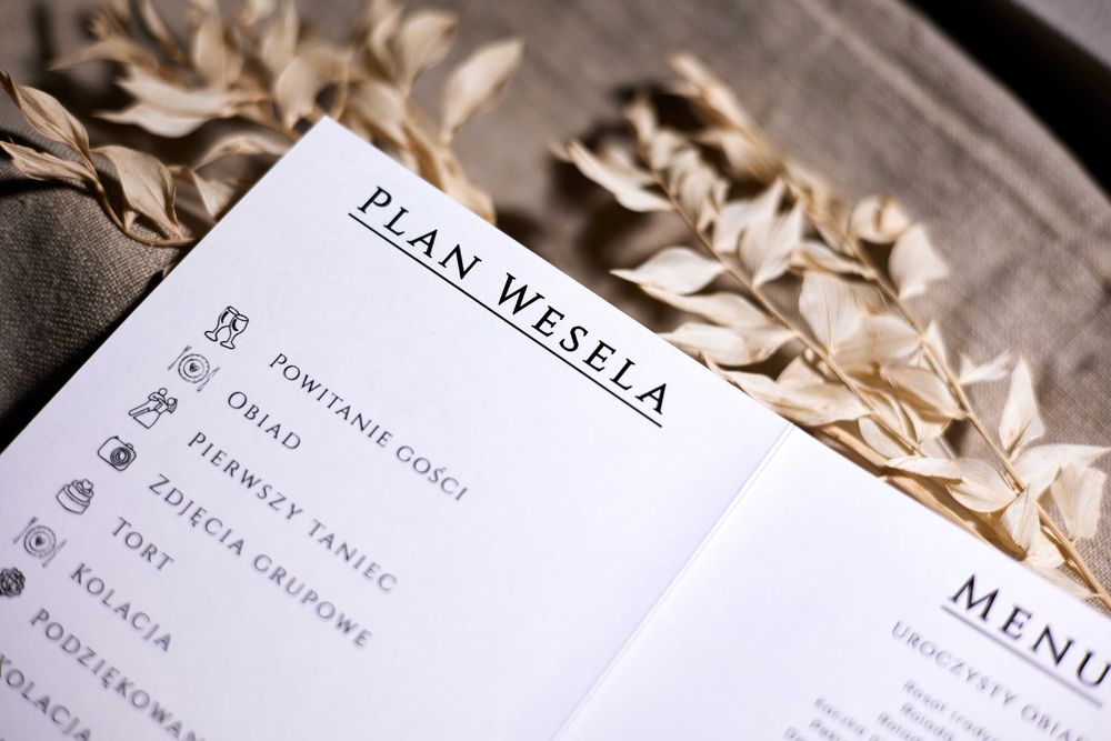 Menu weselne + plan wesela w stylu GLAMOUR