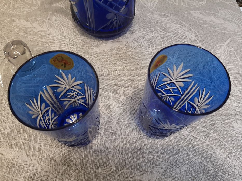 Кувшин и два стакана цветной синий хрусталь