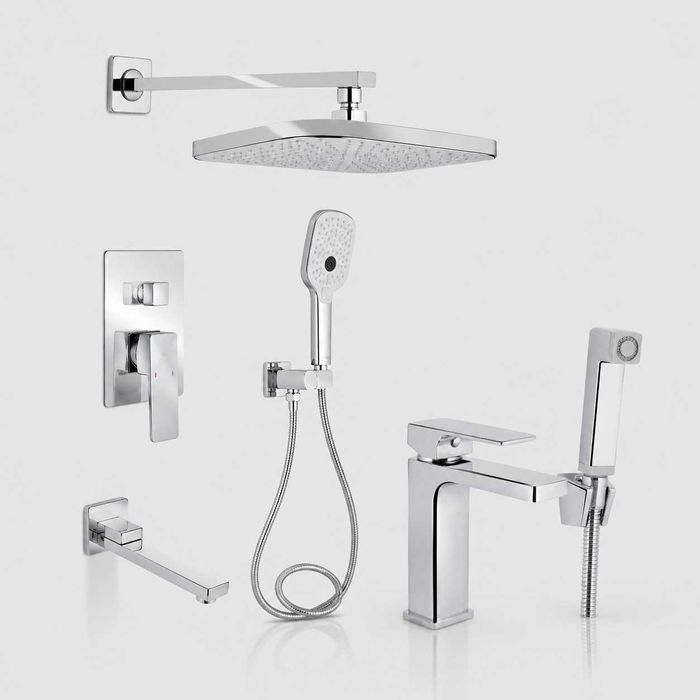 Комплект Qtap Gemini Chrome | Душова система прихованого монтажу + змішувач для раковини з гігієнічним душем
