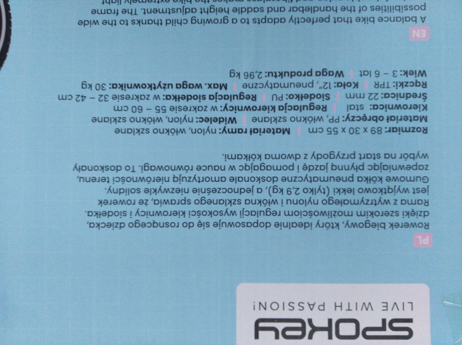 Rowerek  biegowy Spokey , nylonowa rama, lekki 2,9 kg, regulowany