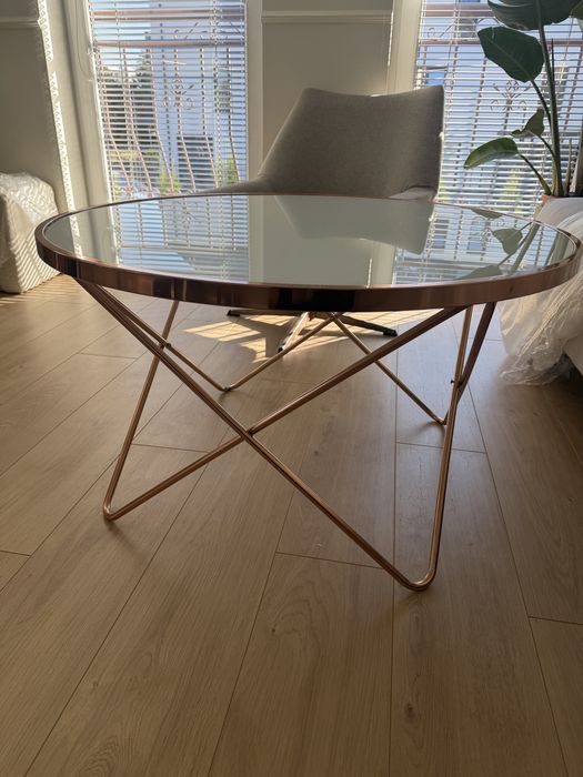 Szklany stolik kawowy 85cm okrągły miedziany metal szkło glamour