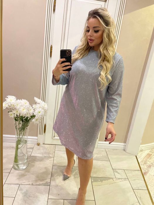 Срібляста нарядна сукня срібна вечірня XL міді платье серое новогоднее