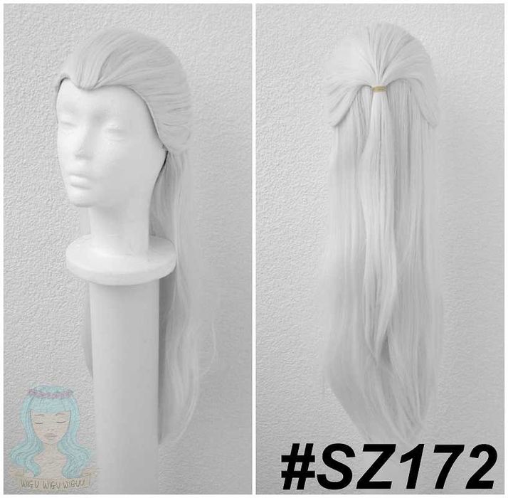 Wiedźmin Geralt Szara peruka jasna długa bez grzywki z włosami zaczesanymi do tyłu cosplay szary wig na konwent halloween imprezę zabawę karnawał