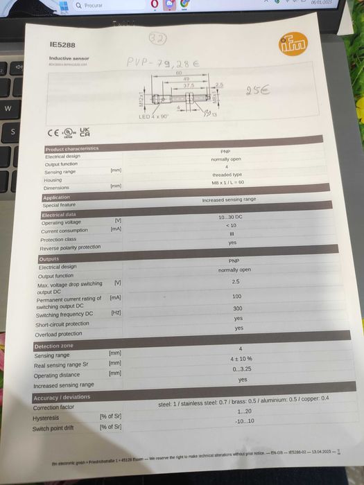 Sensor indutivo 8mm pnp 24vdc IFM