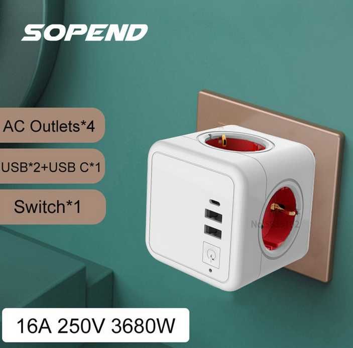 Мережевий фільтр (трійник) PowerCube - 4 розетки, 2 USB, 1 Type C