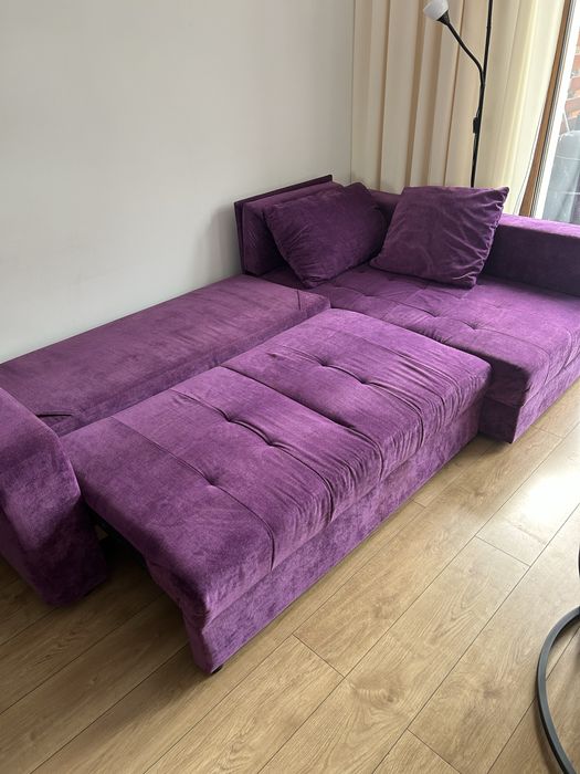 Fioletowy narożnik welur sofa narożna