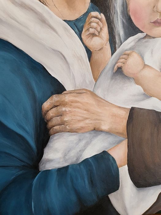 Duży ręcznie malowany obraz Świętej Rodziny, 80x100 cm, obraz na płótnie, prezent na ślub