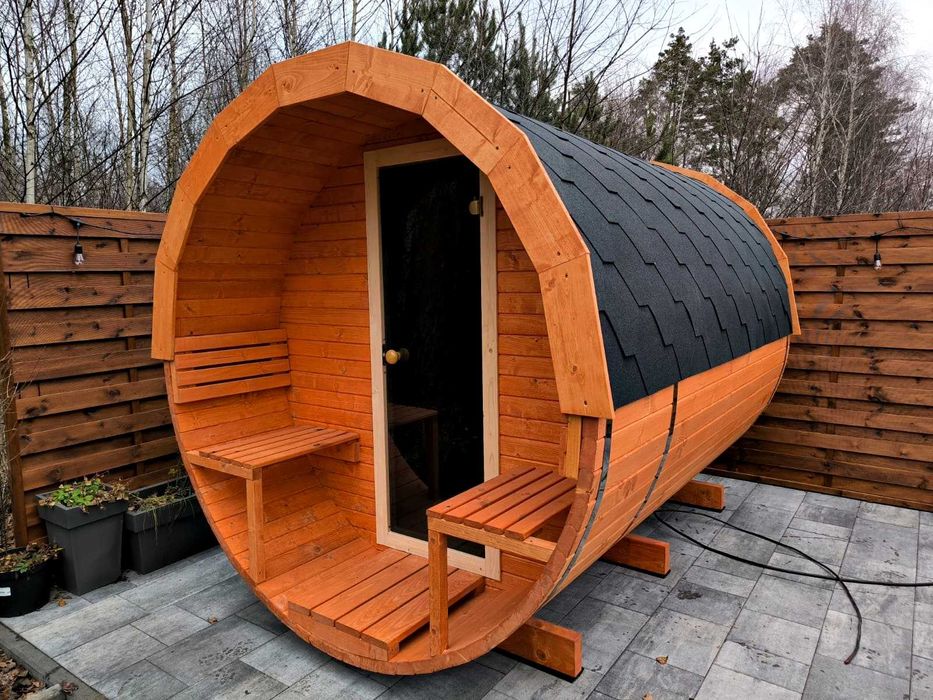 Sauna ogrodowa typu beczka z przedsionkiem-PRODUCENT