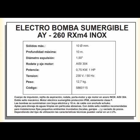 Bomba Eletrica Submersivel Aguas Limpas AYERBE 260 RXM4 Inoxidavel