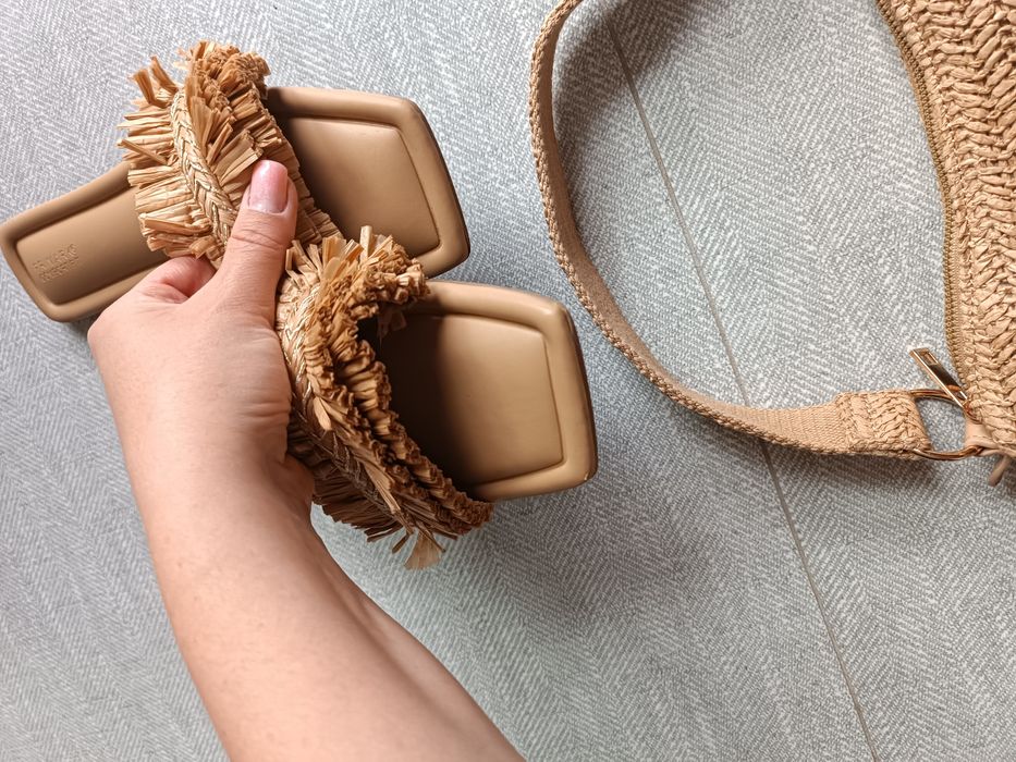 Zestaw klapki 39 torebka Primark Boho plecione natural