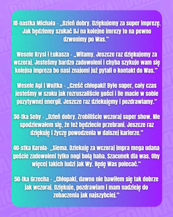 DOMÓWKA /DJ + DJ Wodzirej / Urodziny / Wesela / Studniówki / Imprezy firmowe