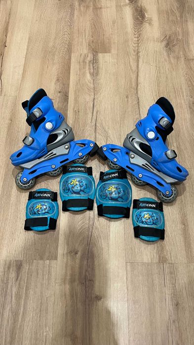 Patins em linha ajustáveis com proteções de  cotoveleiras e joelheiras