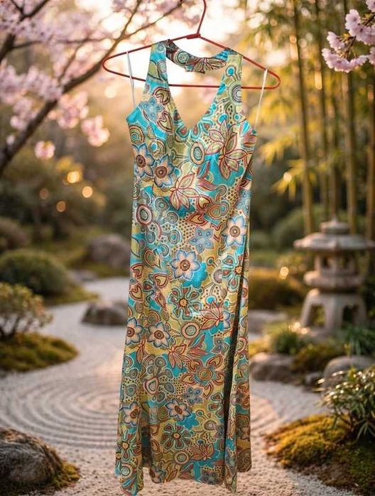Sukienka Abendkleid Kolorowa Azjatycka Boho 40 M Wzory Etniczne Kwiatowa Maxi