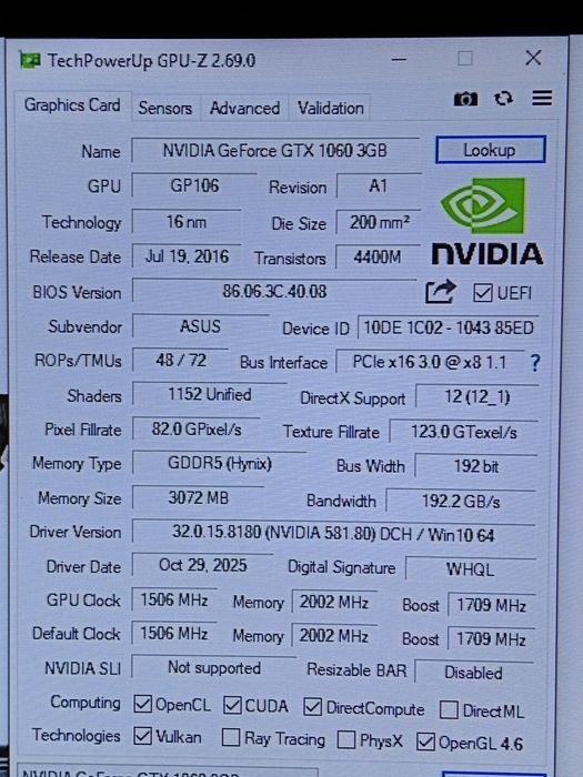 Відеокарта ASUS GTX1060 3GB