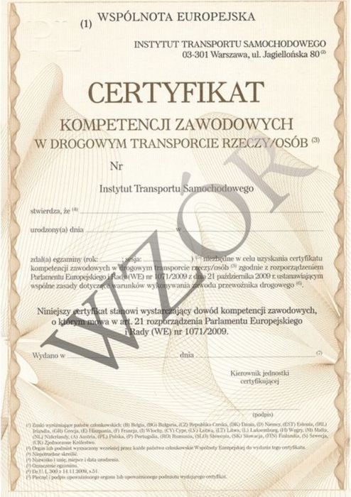 Użycze certyfikat kompetencji zawodowych na przewoz rzeczy i osob