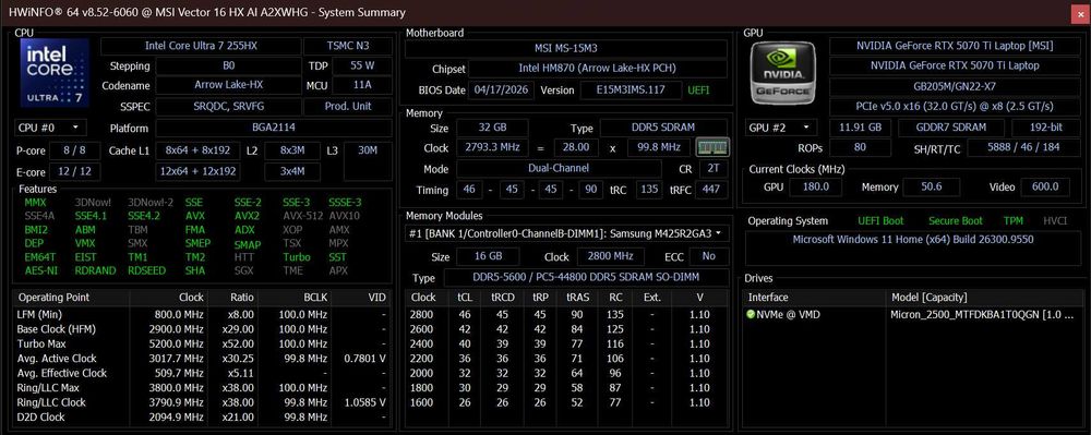 MSI Vector 16 HX AI | RTX 5070 Ti | Ultra 7 255HX | 32GB RAM