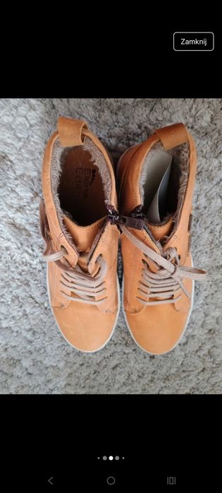 Musztardowe ocieplane trampki skórzane Elena Eden 38 wkł 25 cm botki