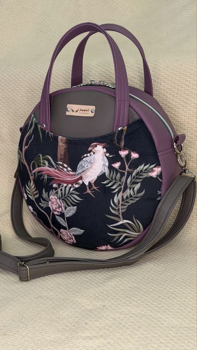 Torebka handmade okragla ptaki