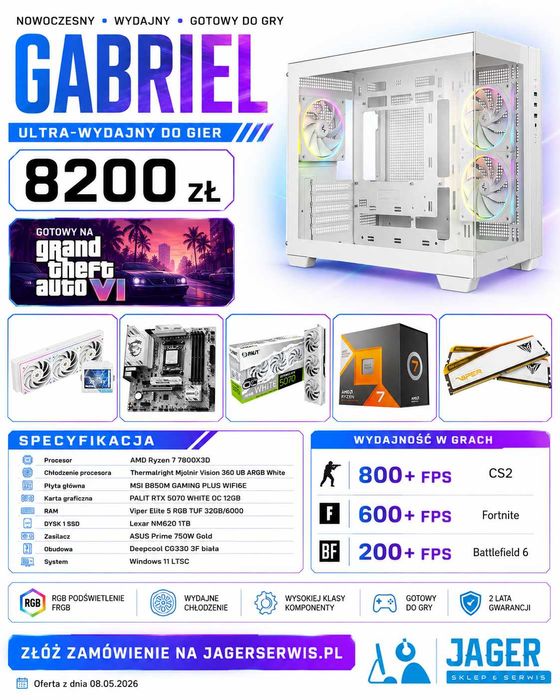 Komputer gamingowy Ryzen 7 7800X3D RTX 5070 32GB DDR5 biały