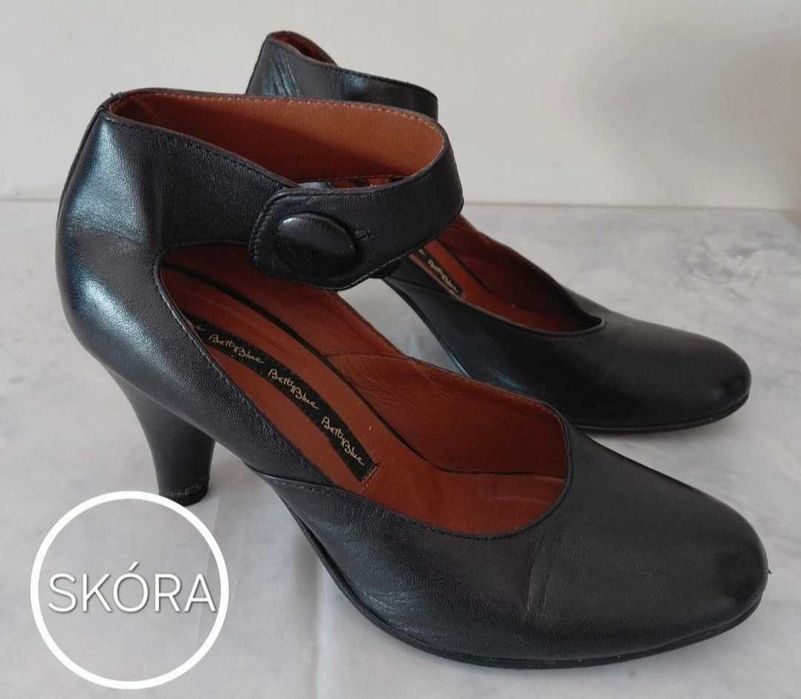 Skórzane czółenka Betty Blue czarne z paskiem rozmiar 39