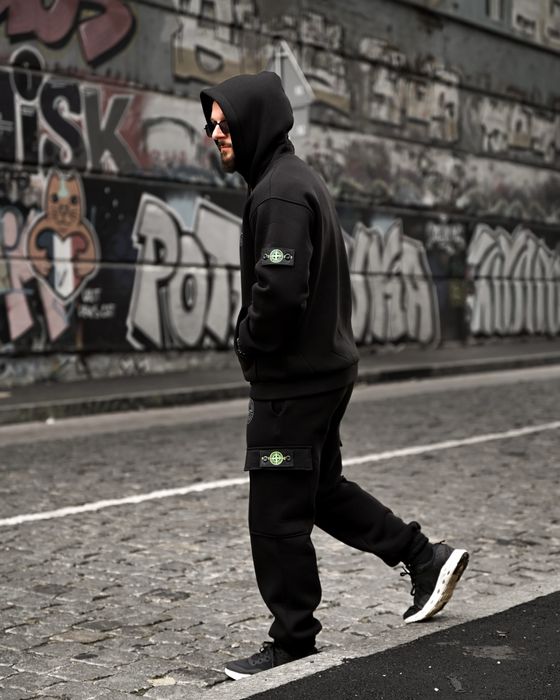 чоловічий спортивний костюм на флісі чорний/Комплект худі штани зима