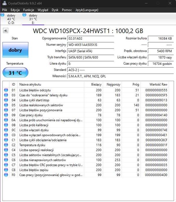 WD Blue 1TB 2,5" SATA III – WD10SPCX – sprawny, SMART 100%