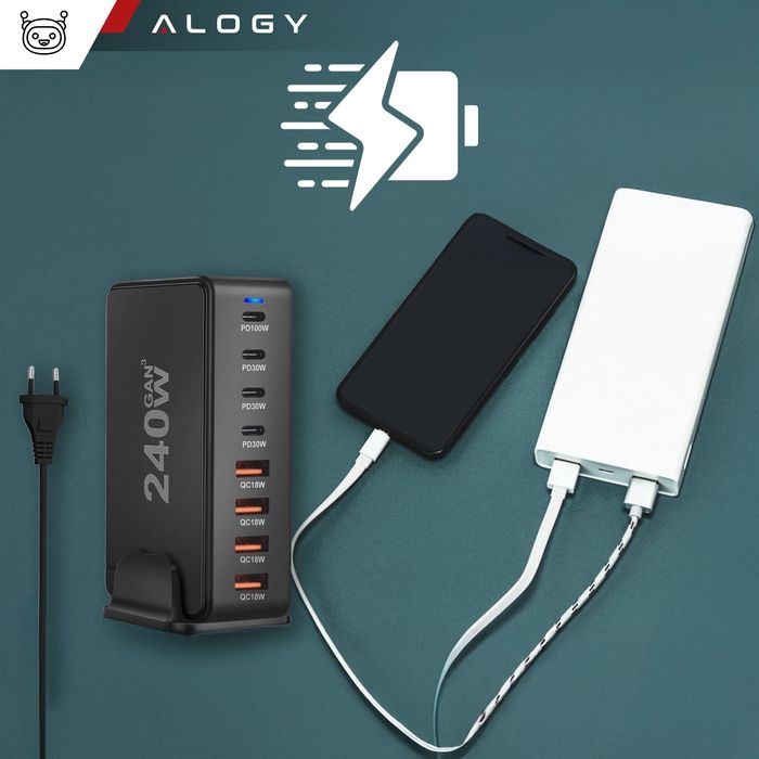 Ładowarka Sieciowa Alogy 240W GaN3 8w1 4xUSB-C 4xUSB-A