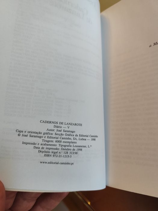 Livro Autografado Cadernos de Lanzarote por José Saramago