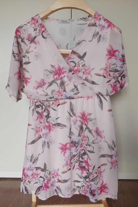 Sukienka Kimono 36 S Made Italy w kwiaty Mi Lady pudrowa różowa