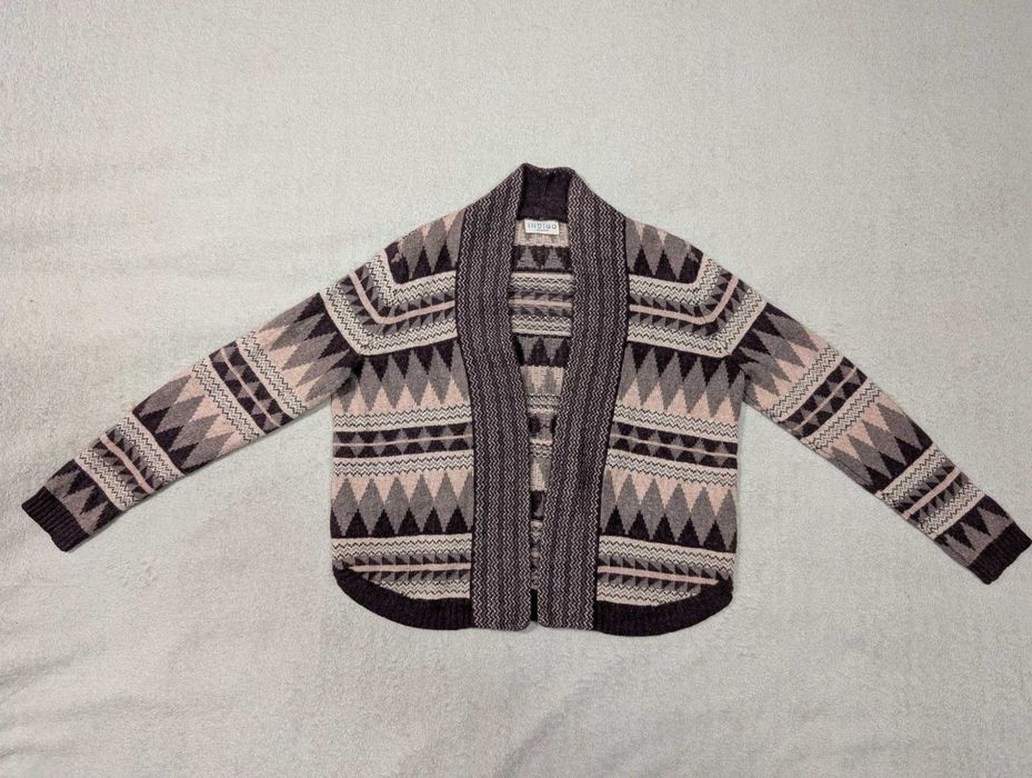 Kolorowy wzorzysty wełniany sweter Indigo M&S 44 wełna angora jak nowy