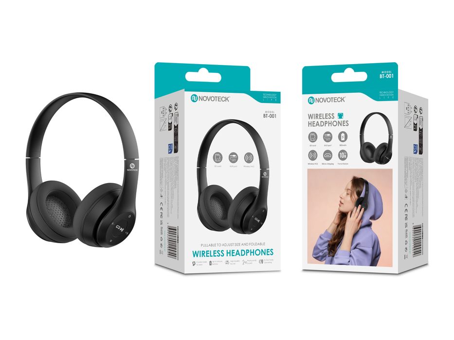Auscultadores Sem Fios NOVOTECK BT-001 Preto, Bluetooth V4.2, 300mAh,