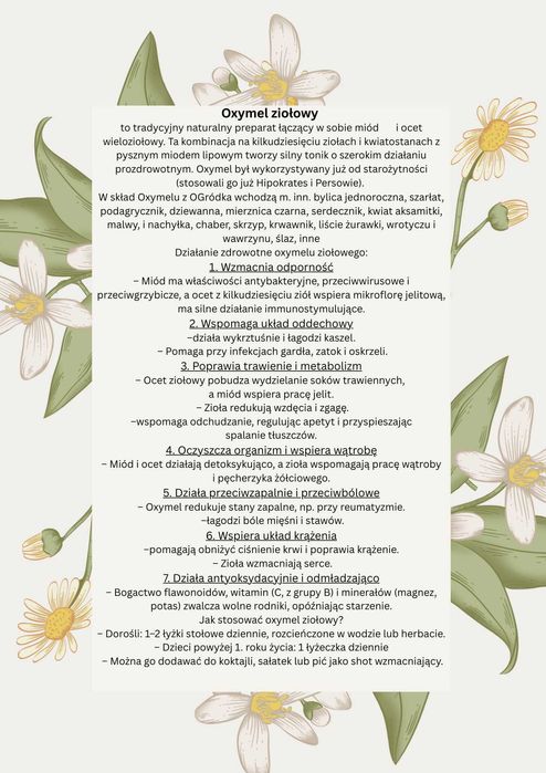 Oxymel octowo-miodowy, odporność, trawienie