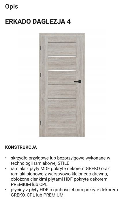 Drzwi wewnętrzne lewe erkado 90 cm daglezja