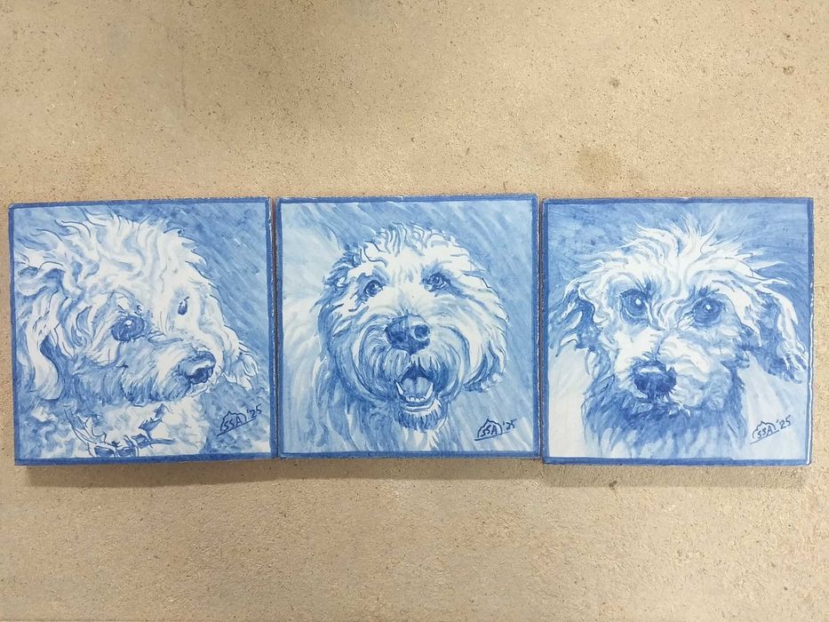 Azulejos pintados a mão. Retratos sobre cerâmica. Desenhos de animais.
